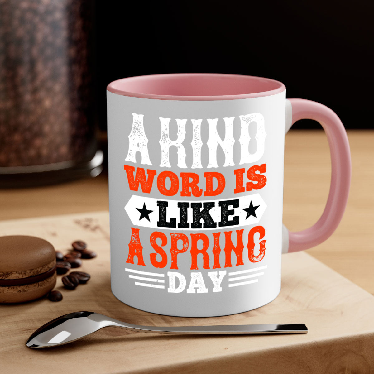 A kind word is like a spring day mug featuring a glossy finish, colored handle, and interior, available in five colors.