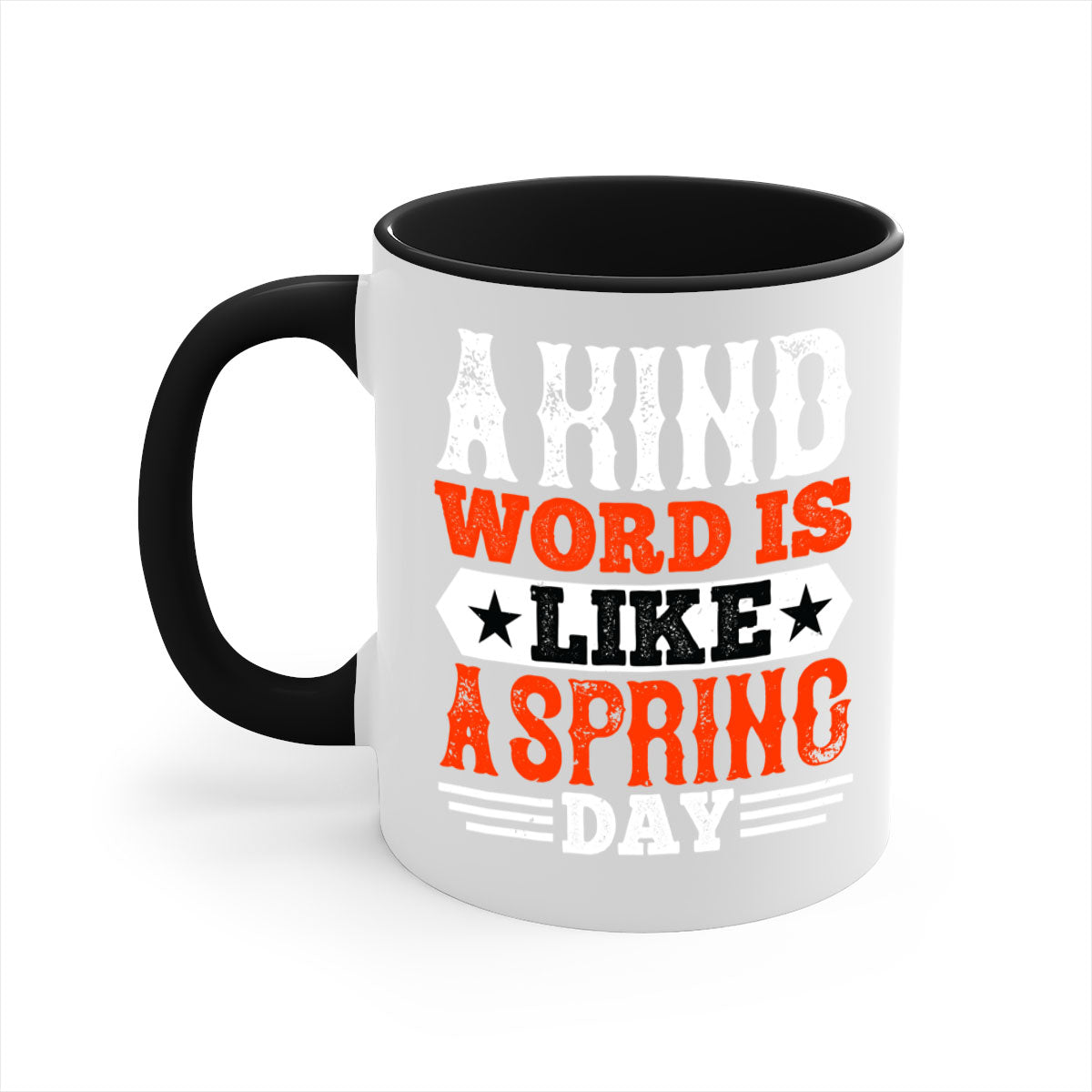 A kind word is like a spring day mug featuring a glossy finish, colored handle, and interior, available in five colors.