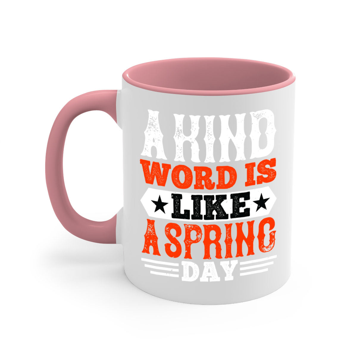 A kind word is like a spring day mug featuring a glossy finish, colored handle, and interior, available in five colors.