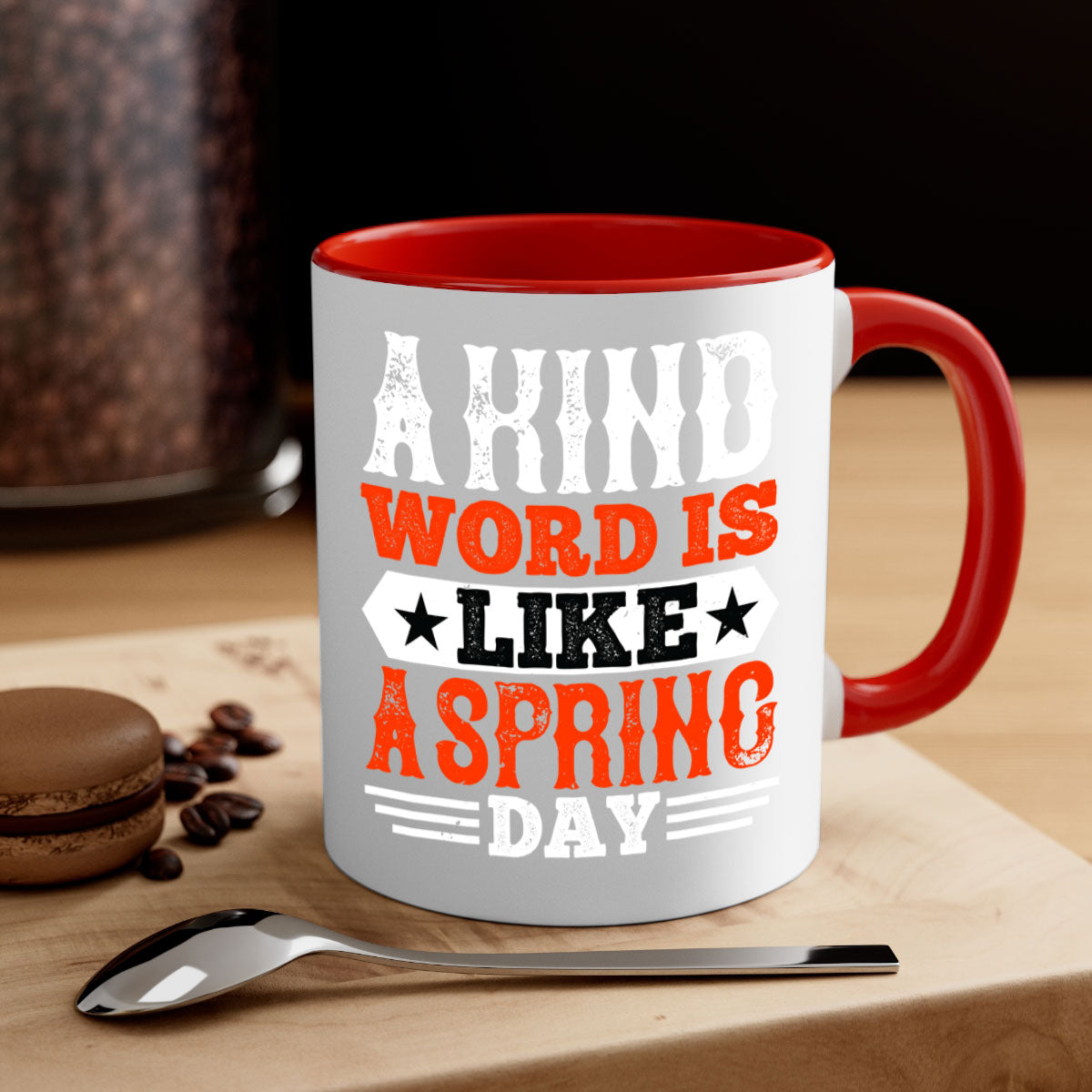 A kind word is like a spring day mug featuring a glossy finish, colored handle, and interior, available in five colors.