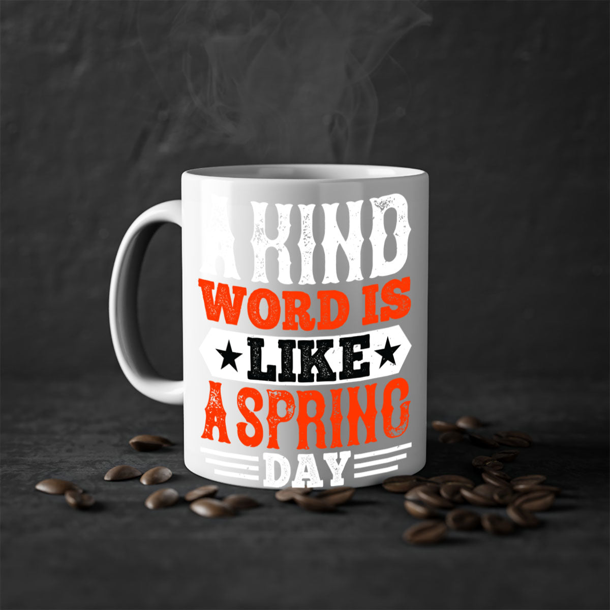 A kind word is like a spring day mug featuring a glossy finish, colored handle, and interior, available in five colors.