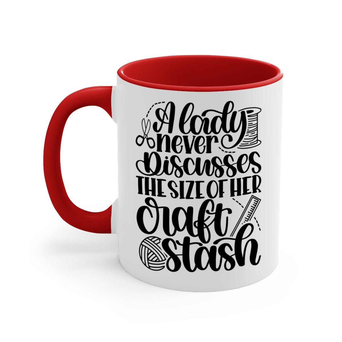 A stylish two-tone ceramic mug with the phrase 'A Lady Never Discusses The Size Of Her Craft Stash', featuring a colored handle and glossy finish.
