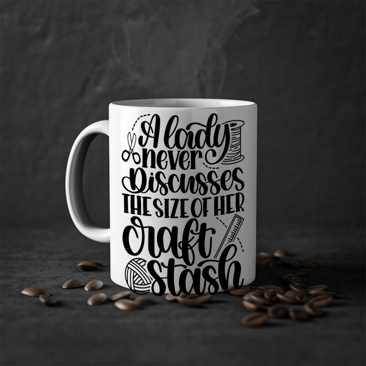 A stylish two-tone ceramic mug with the phrase 'A Lady Never Discusses The Size Of Her Craft Stash', featuring a colored handle and glossy finish.