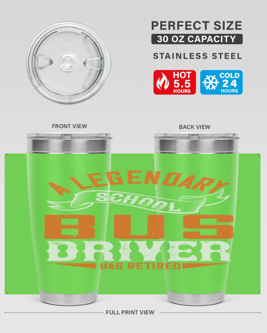A 20oz stainless steel tumbler featuring a design celebrating a retired school bus driver, showcasing its double wall vacuum insulation and drink-thru lid.