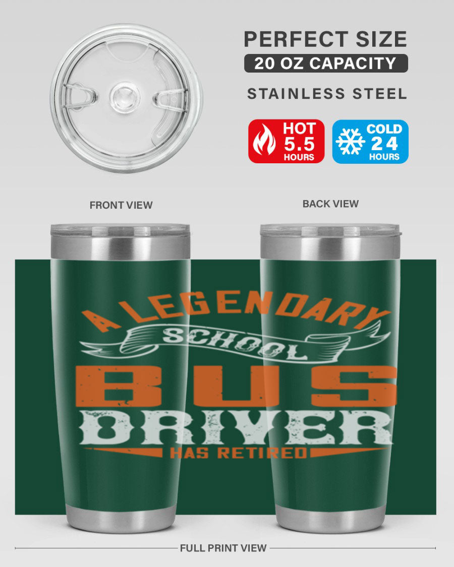 A 20oz stainless steel tumbler featuring a design celebrating a retired school bus driver, showcasing its double wall vacuum insulation and drink-thru lid.