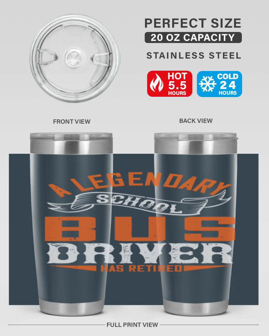 A 20oz stainless steel tumbler featuring a design celebrating a retired school bus driver, showcasing its double wall vacuum insulation and drink-thru lid.