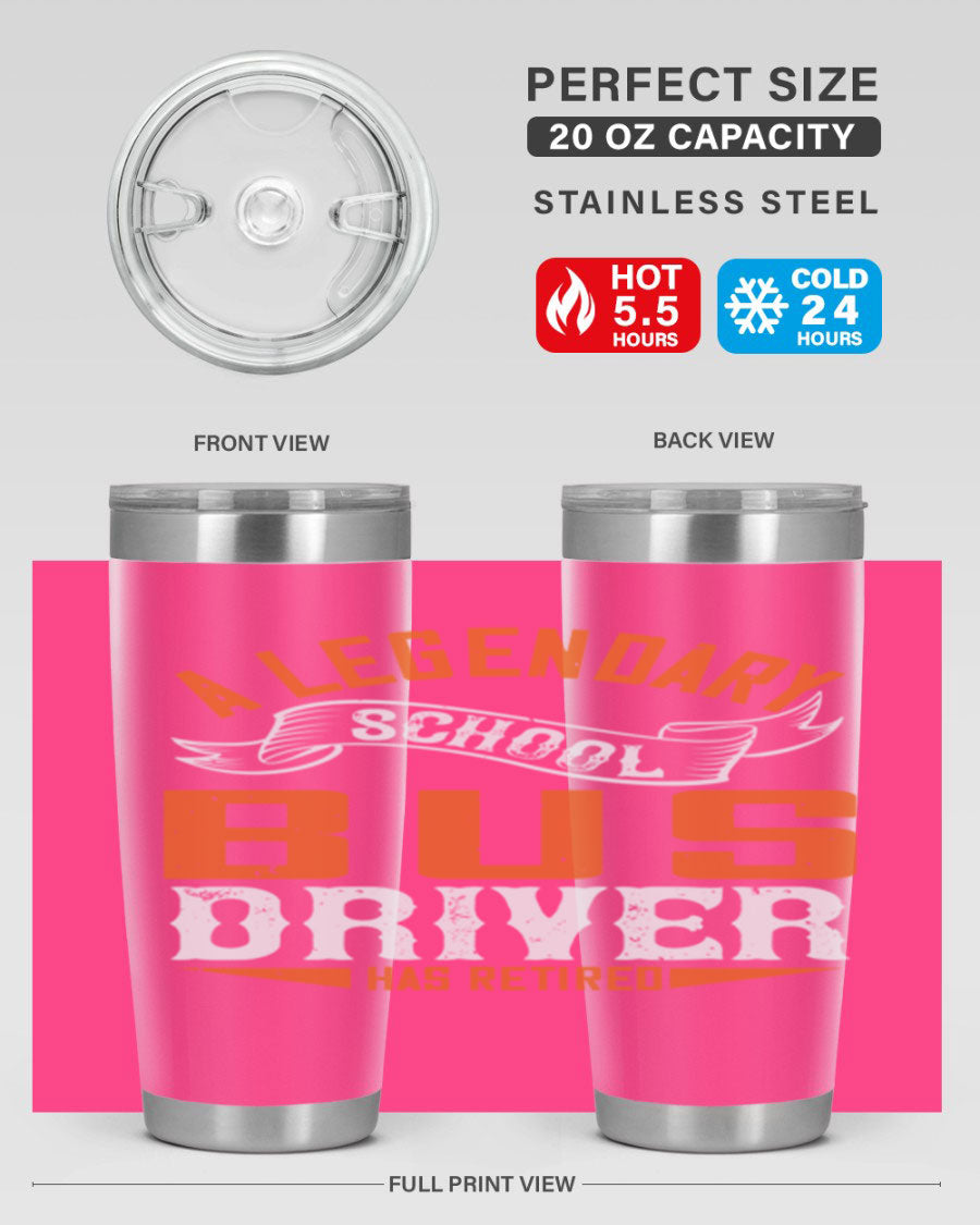 A 20oz stainless steel tumbler featuring a design celebrating a retired school bus driver, showcasing its double wall vacuum insulation and drink-thru lid.