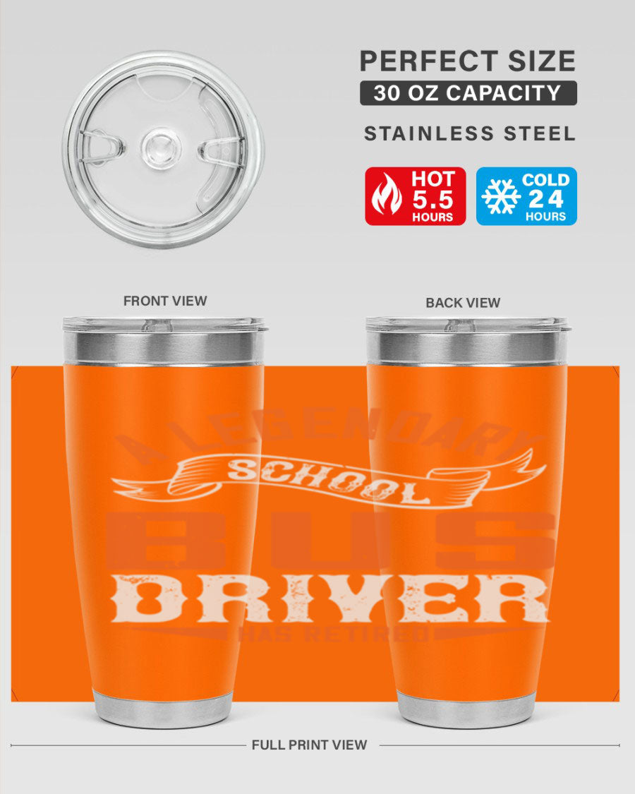 A 20oz stainless steel tumbler featuring a design celebrating a retired school bus driver, showcasing its double wall vacuum insulation and drink-thru lid.