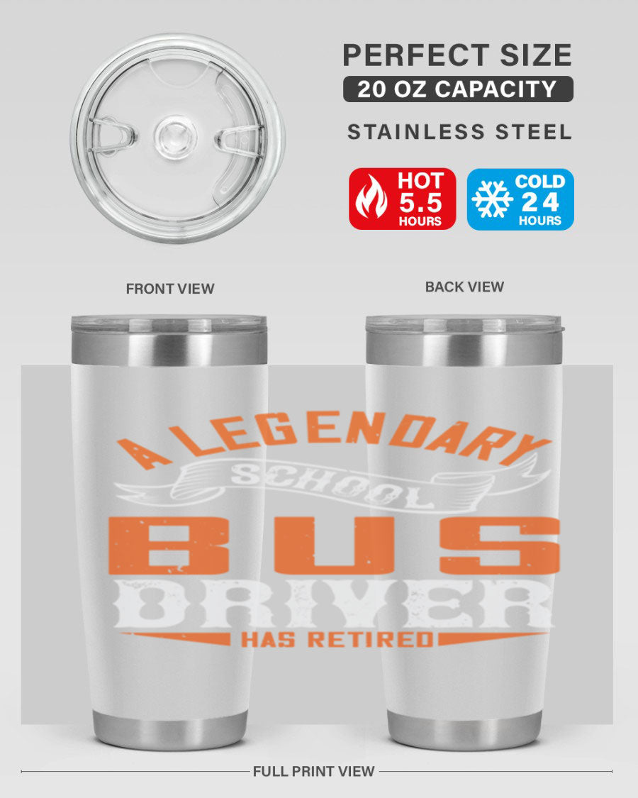 A 20oz stainless steel tumbler featuring a design celebrating a retired school bus driver, showcasing its double wall vacuum insulation and drink-thru lid.