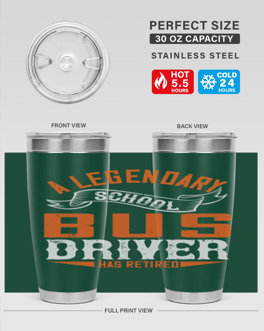 A 20oz stainless steel tumbler featuring a design celebrating a retired school bus driver, showcasing its double wall vacuum insulation and drink-thru lid.