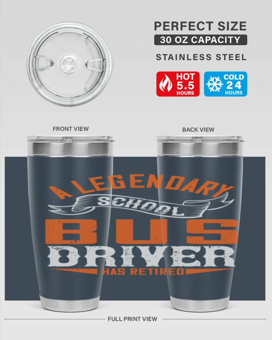A 20oz stainless steel tumbler featuring a design celebrating a retired school bus driver, showcasing its double wall vacuum insulation and drink-thru lid.