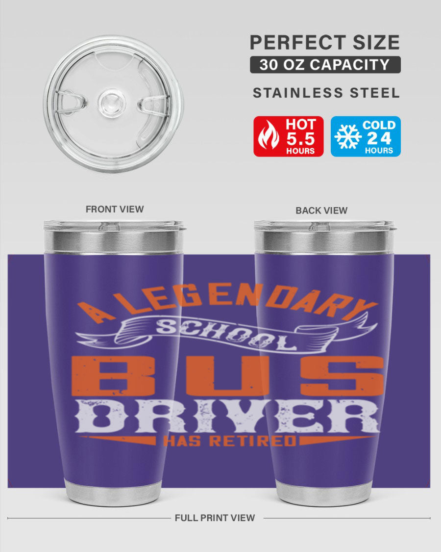 A 20oz stainless steel tumbler featuring a design celebrating a retired school bus driver, showcasing its double wall vacuum insulation and drink-thru lid.