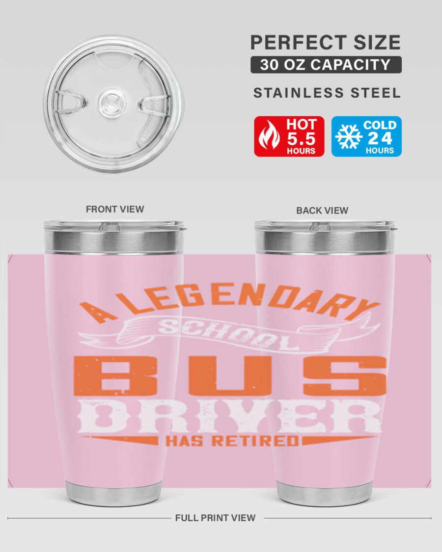 A 20oz stainless steel tumbler featuring a design celebrating a retired school bus driver, showcasing its double wall vacuum insulation and drink-thru lid.