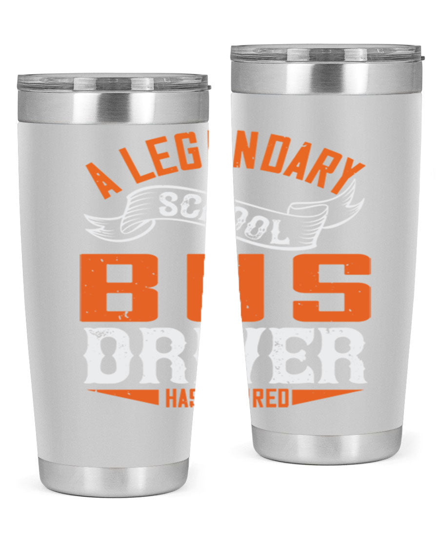 A 20oz stainless steel tumbler featuring a design celebrating a retired school bus driver, showcasing its double wall vacuum insulation and drink-thru lid.