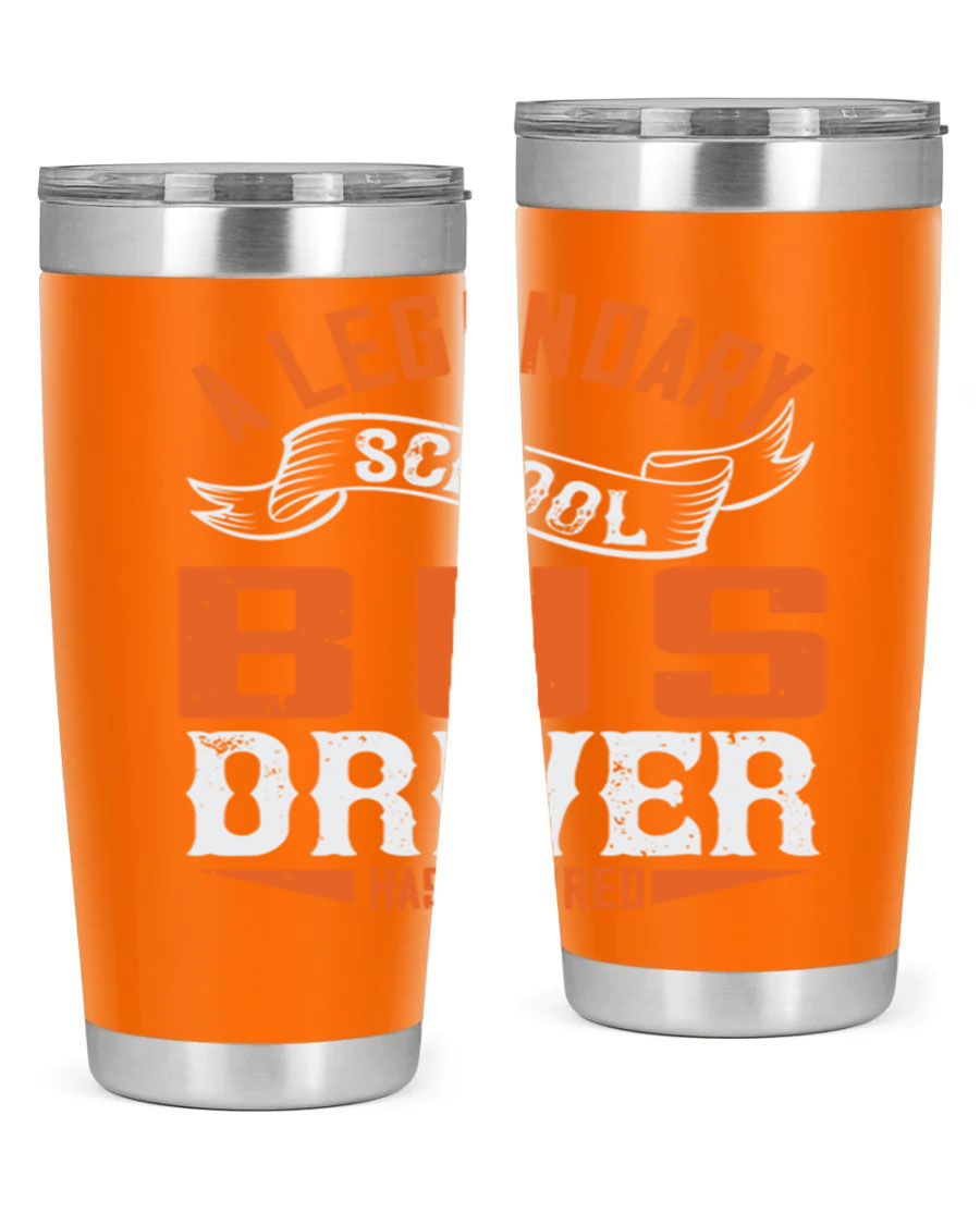 A 20oz stainless steel tumbler featuring a design celebrating a retired school bus driver, showcasing its double wall vacuum insulation and drink-thru lid.