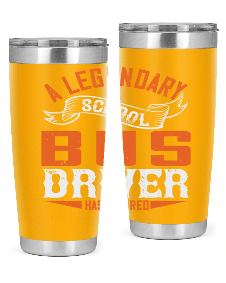 A 20oz stainless steel tumbler featuring a design celebrating a retired school bus driver, showcasing its double wall vacuum insulation and drink-thru lid.
