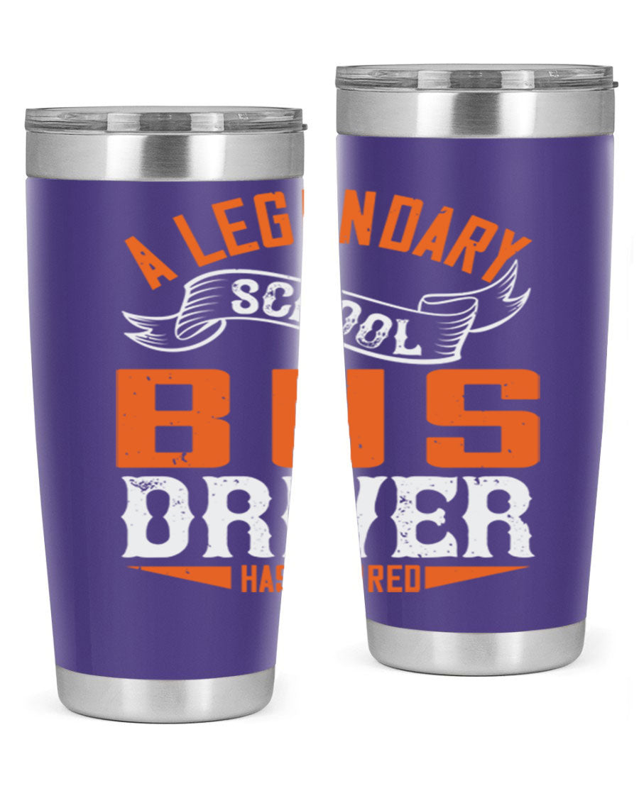 A 20oz stainless steel tumbler featuring a design celebrating a retired school bus driver, showcasing its double wall vacuum insulation and drink-thru lid.