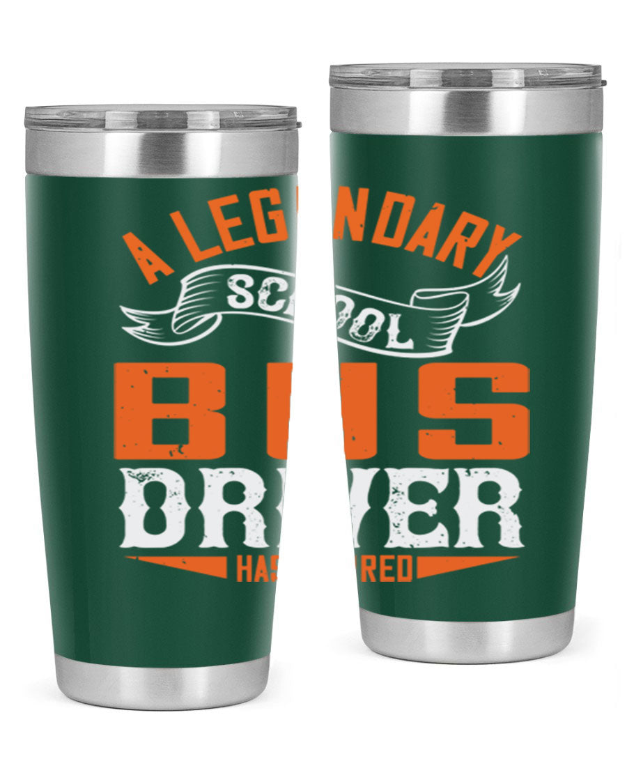 A 20oz stainless steel tumbler featuring a design celebrating a retired school bus driver, showcasing its double wall vacuum insulation and drink-thru lid.
