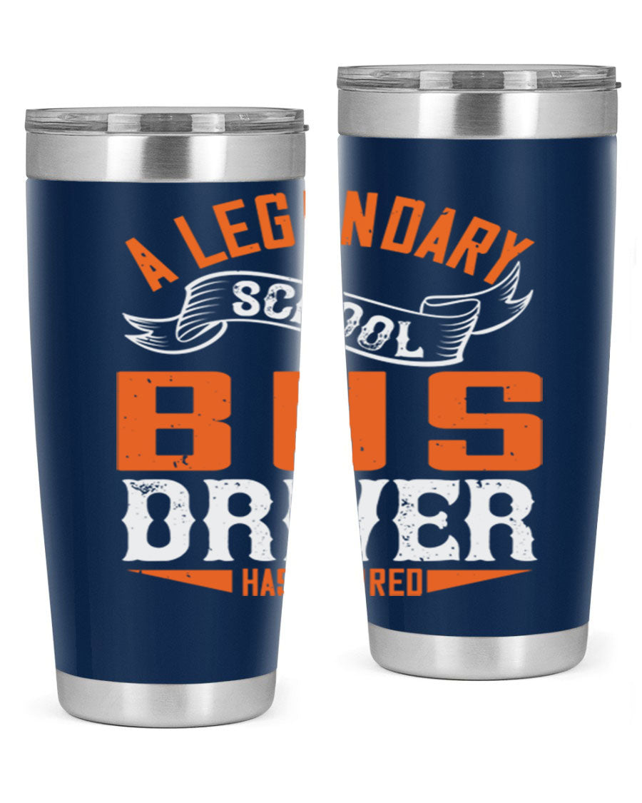 A 20oz stainless steel tumbler featuring a design celebrating a retired school bus driver, showcasing its double wall vacuum insulation and drink-thru lid.