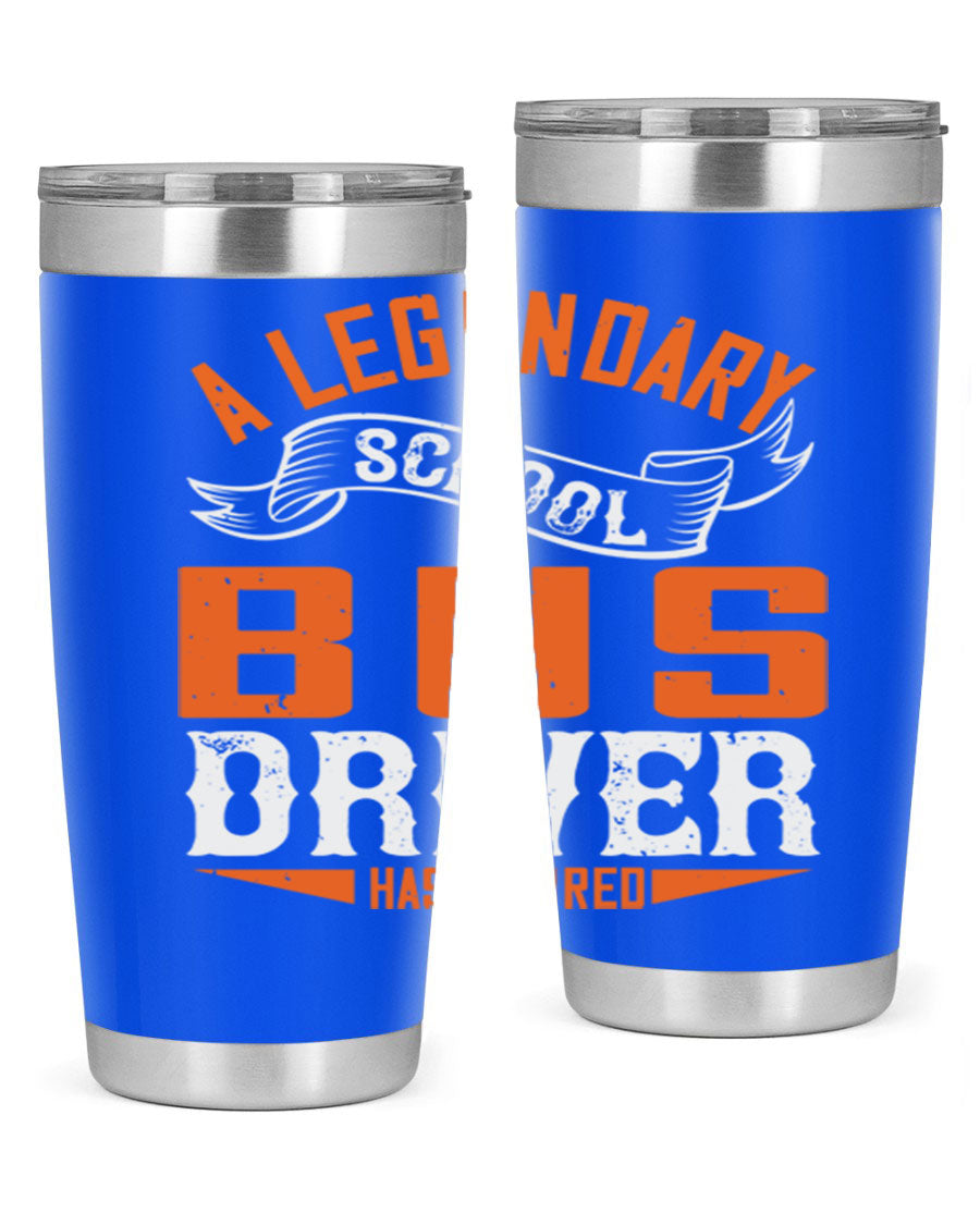 A 20oz stainless steel tumbler featuring a design celebrating a retired school bus driver, showcasing its double wall vacuum insulation and drink-thru lid.