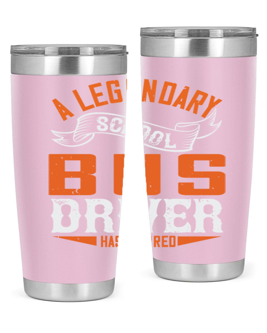 A 20oz stainless steel tumbler featuring a design celebrating a retired school bus driver, showcasing its double wall vacuum insulation and drink-thru lid.