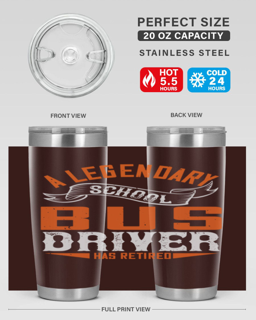 A 20oz stainless steel tumbler featuring a design celebrating a retired school bus driver, showcasing its double wall vacuum insulation and drink-thru lid.