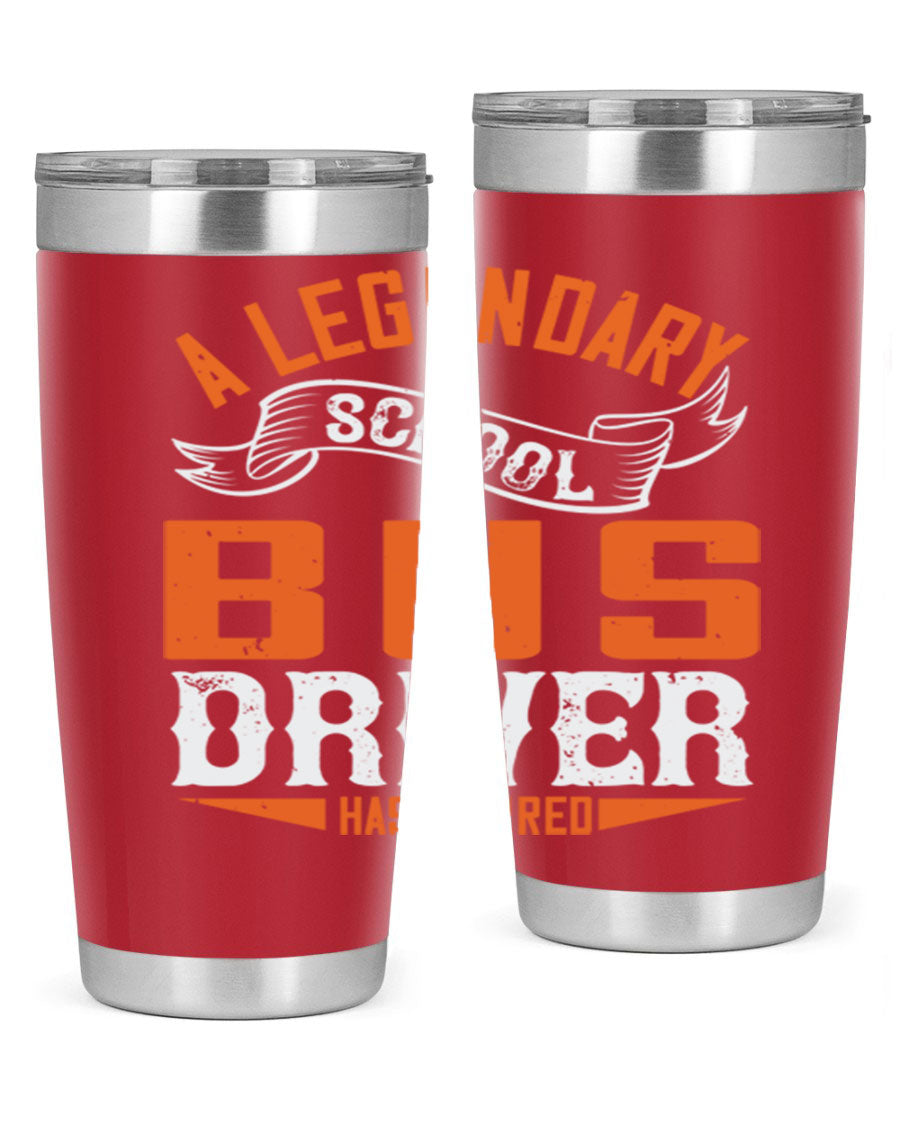 A 20oz stainless steel tumbler featuring a design celebrating a retired school bus driver, showcasing its double wall vacuum insulation and drink-thru lid.