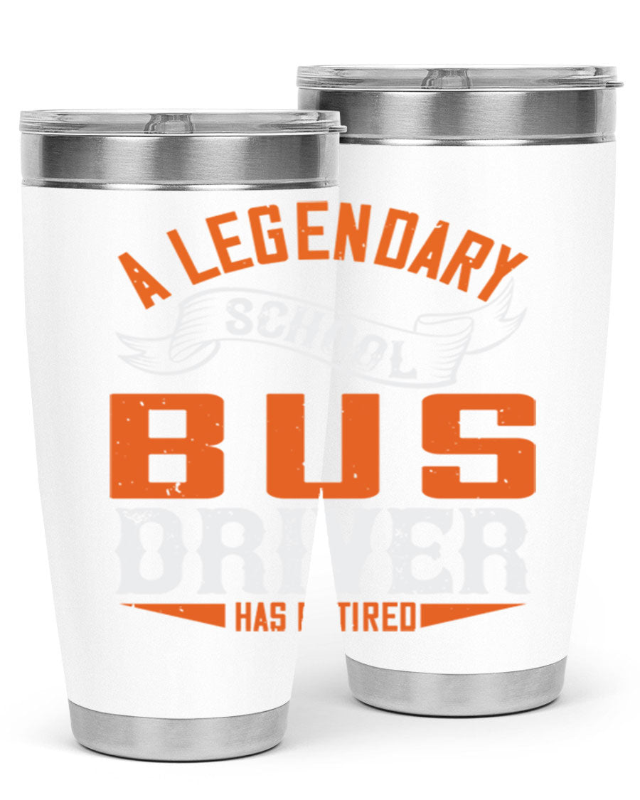 A 20oz stainless steel tumbler featuring a design celebrating a retired school bus driver, showcasing its double wall vacuum insulation and drink-thru lid.