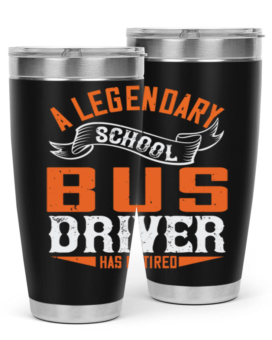 A 20oz stainless steel tumbler featuring a design celebrating a retired school bus driver, showcasing its double wall vacuum insulation and drink-thru lid.
