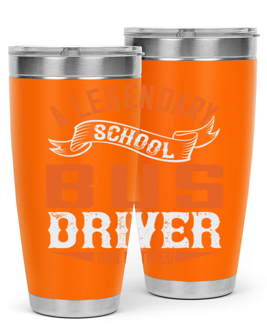 A 20oz stainless steel tumbler featuring a design celebrating a retired school bus driver, showcasing its double wall vacuum insulation and drink-thru lid.