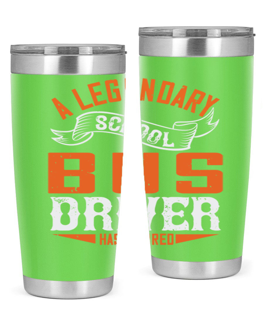 A 20oz stainless steel tumbler featuring a design celebrating a retired school bus driver, showcasing its double wall vacuum insulation and drink-thru lid.