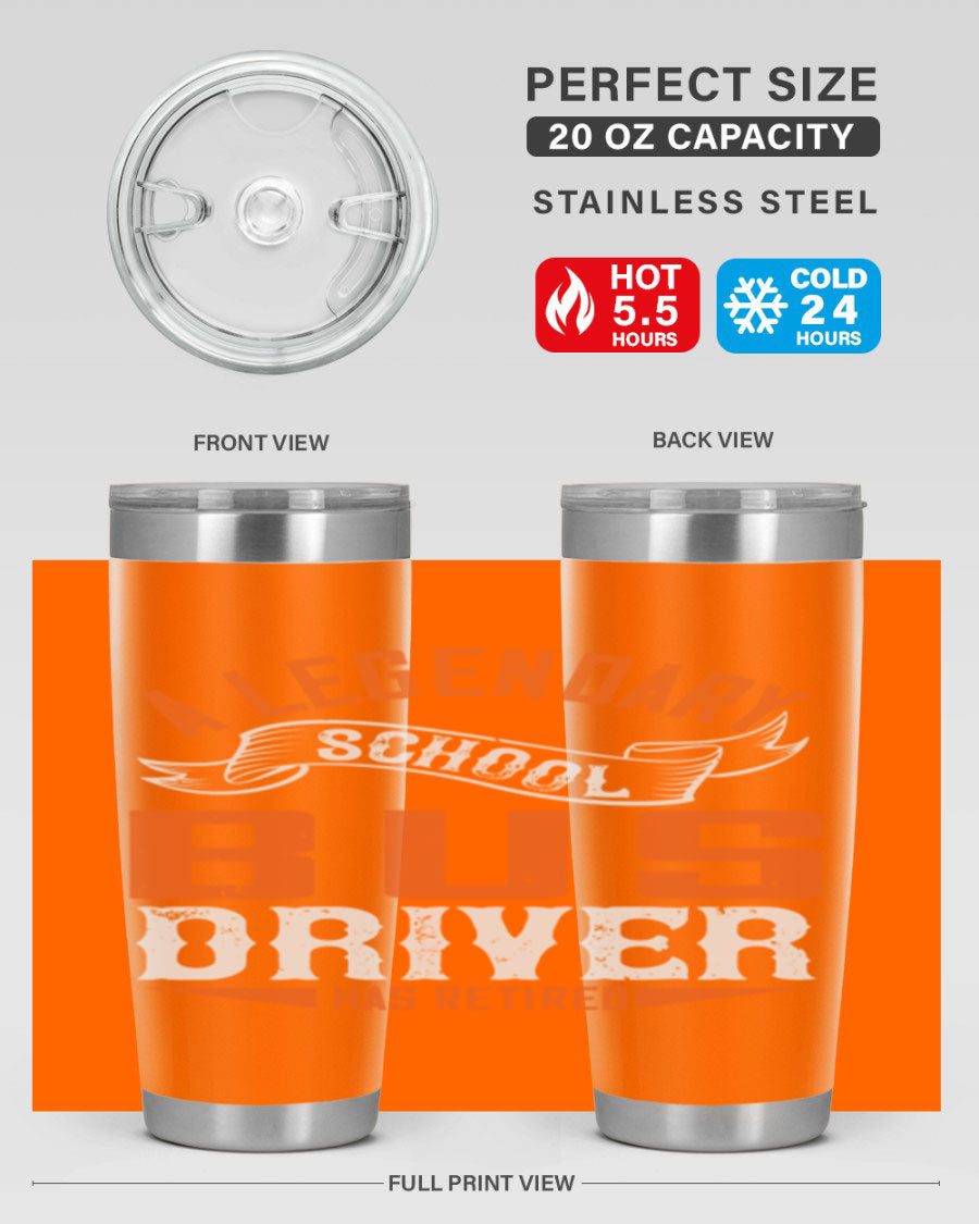 A 20oz stainless steel tumbler featuring a design celebrating a retired school bus driver, showcasing its double wall vacuum insulation and drink-thru lid.