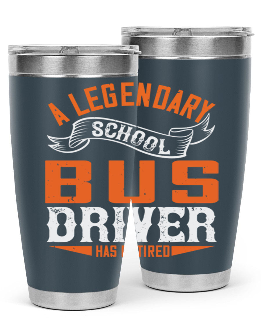 A 20oz stainless steel tumbler featuring a design celebrating a retired school bus driver, showcasing its double wall vacuum insulation and drink-thru lid.