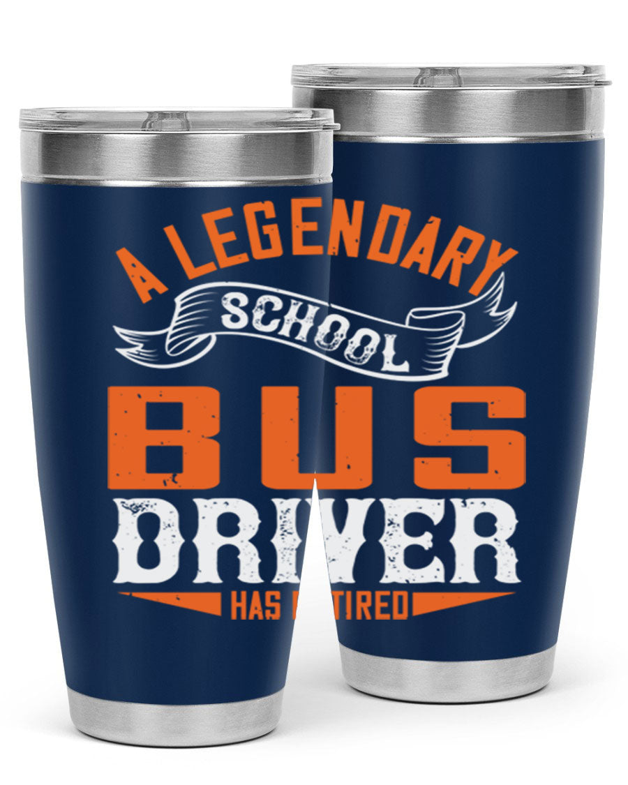 A 20oz stainless steel tumbler featuring a design celebrating a retired school bus driver, showcasing its double wall vacuum insulation and drink-thru lid.