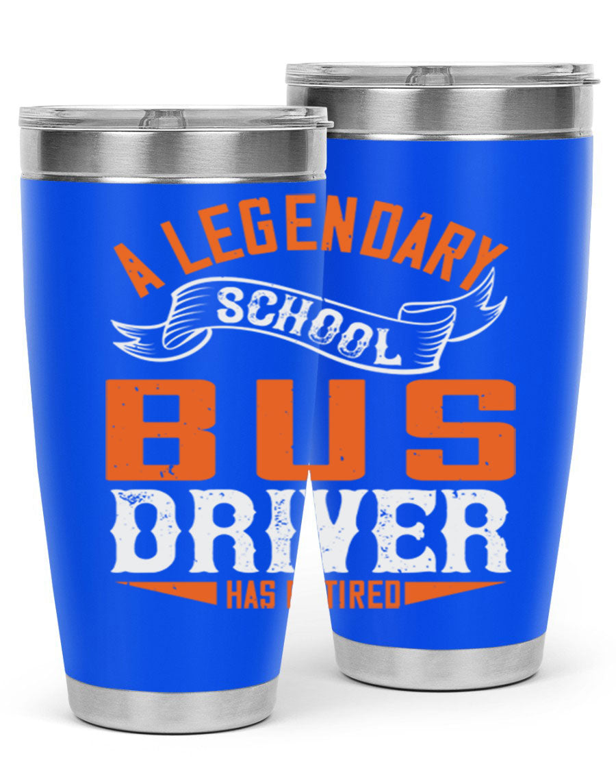 A 20oz stainless steel tumbler featuring a design celebrating a retired school bus driver, showcasing its double wall vacuum insulation and drink-thru lid.
