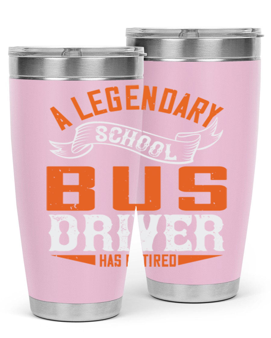 A 20oz stainless steel tumbler featuring a design celebrating a retired school bus driver, showcasing its double wall vacuum insulation and drink-thru lid.