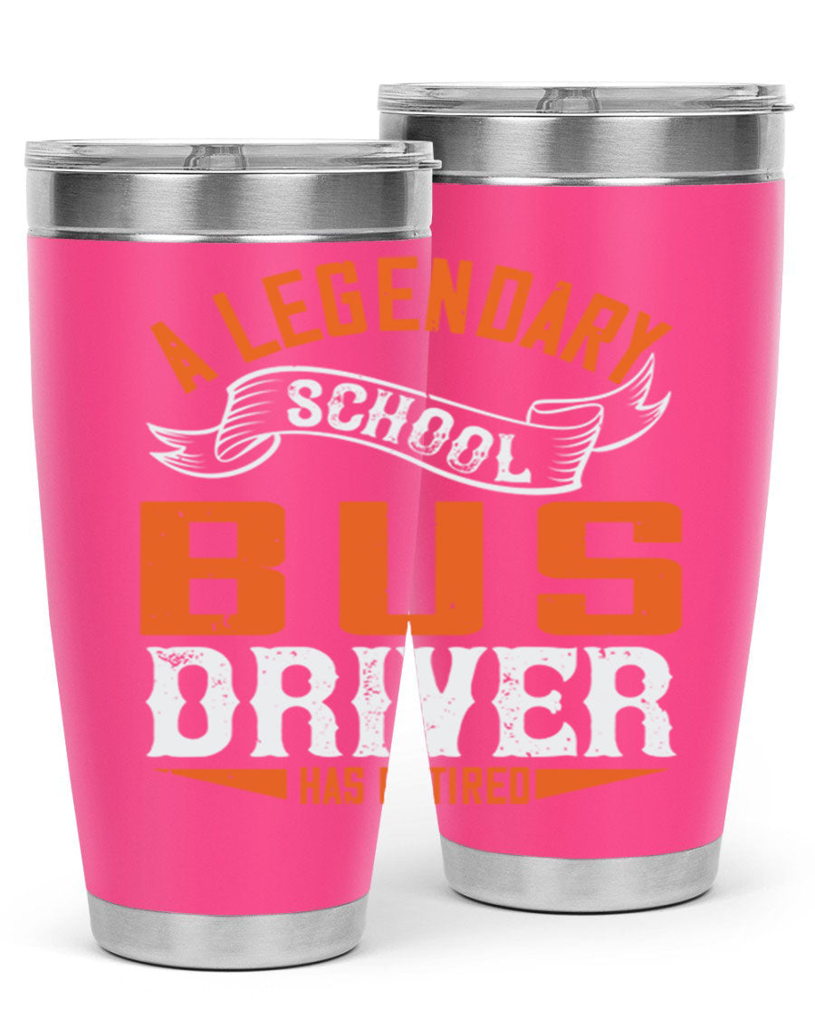 A 20oz stainless steel tumbler featuring a design celebrating a retired school bus driver, showcasing its double wall vacuum insulation and drink-thru lid.