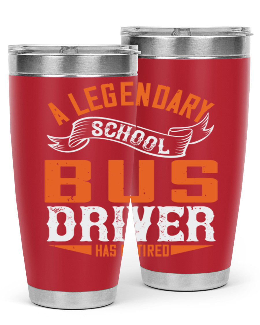 A 20oz stainless steel tumbler featuring a design celebrating a retired school bus driver, showcasing its double wall vacuum insulation and drink-thru lid.