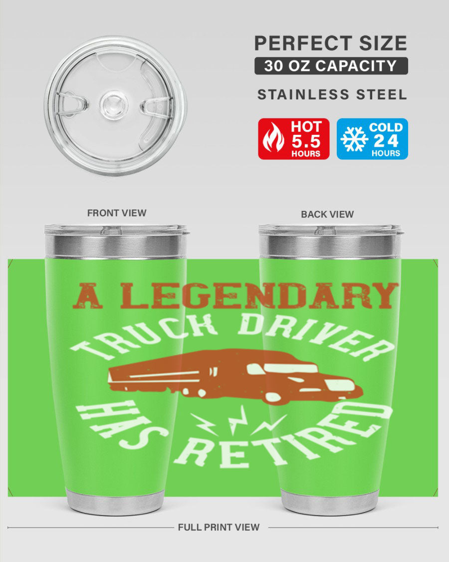 A stylish 20oz tumbler designed for retired truck drivers, featuring double wall vacuum insulation and a drink-thru lid.