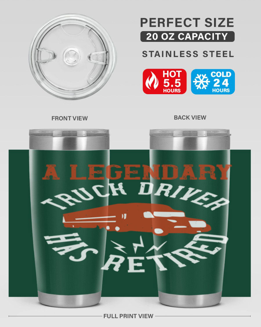A stylish 20oz tumbler designed for retired truck drivers, featuring double wall vacuum insulation and a drink-thru lid.