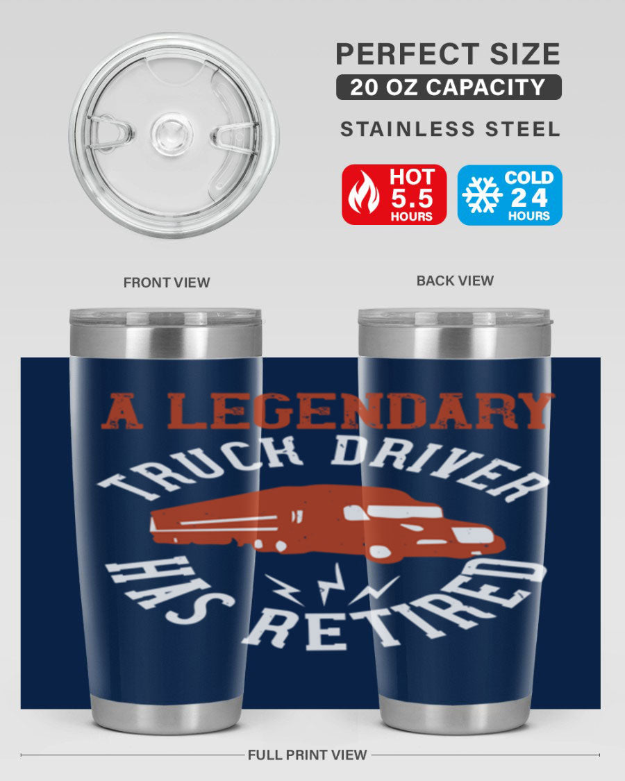 A stylish 20oz tumbler designed for retired truck drivers, featuring double wall vacuum insulation and a drink-thru lid.