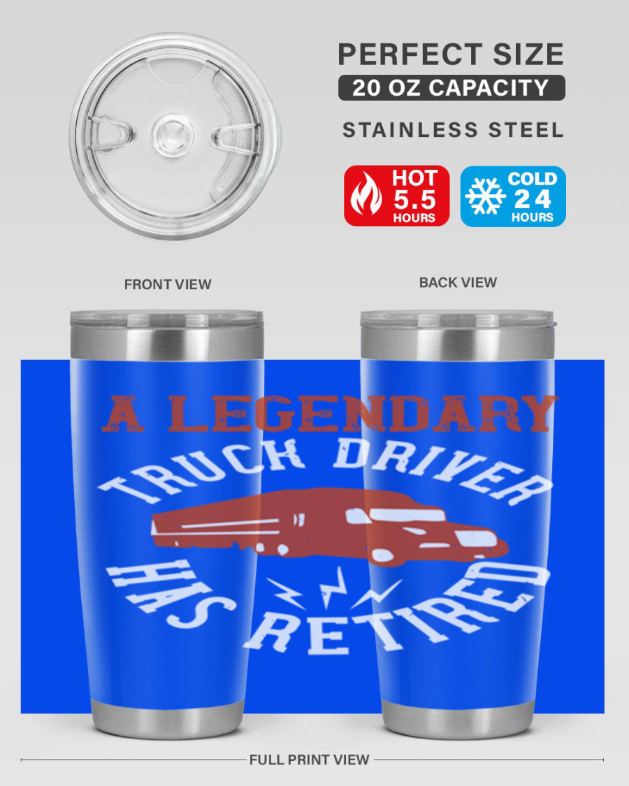 A stylish 20oz tumbler designed for retired truck drivers, featuring double wall vacuum insulation and a drink-thru lid.