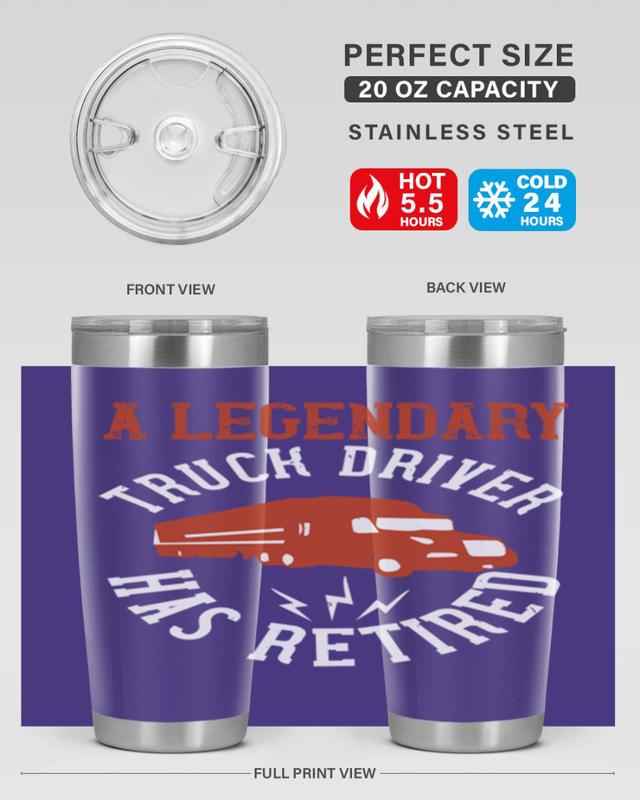 A stylish 20oz tumbler designed for retired truck drivers, featuring double wall vacuum insulation and a drink-thru lid.