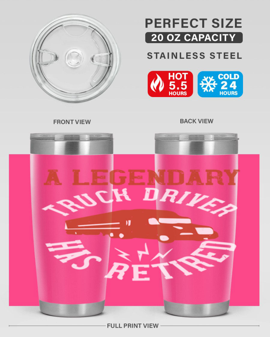 A stylish 20oz tumbler designed for retired truck drivers, featuring double wall vacuum insulation and a drink-thru lid.