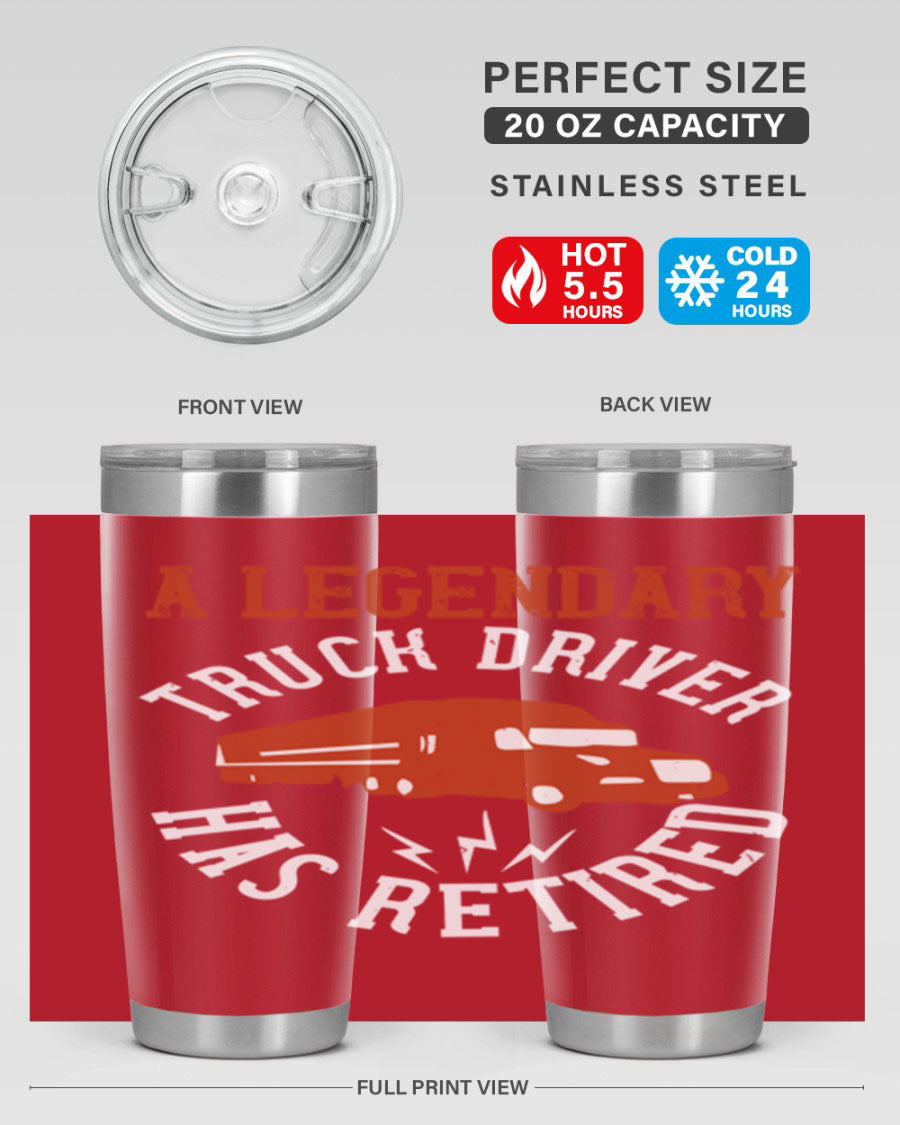 A stylish 20oz tumbler designed for retired truck drivers, featuring double wall vacuum insulation and a drink-thru lid.