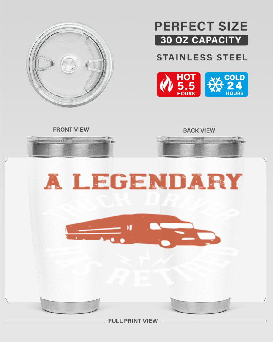 A stylish 20oz tumbler designed for retired truck drivers, featuring double wall vacuum insulation and a drink-thru lid.