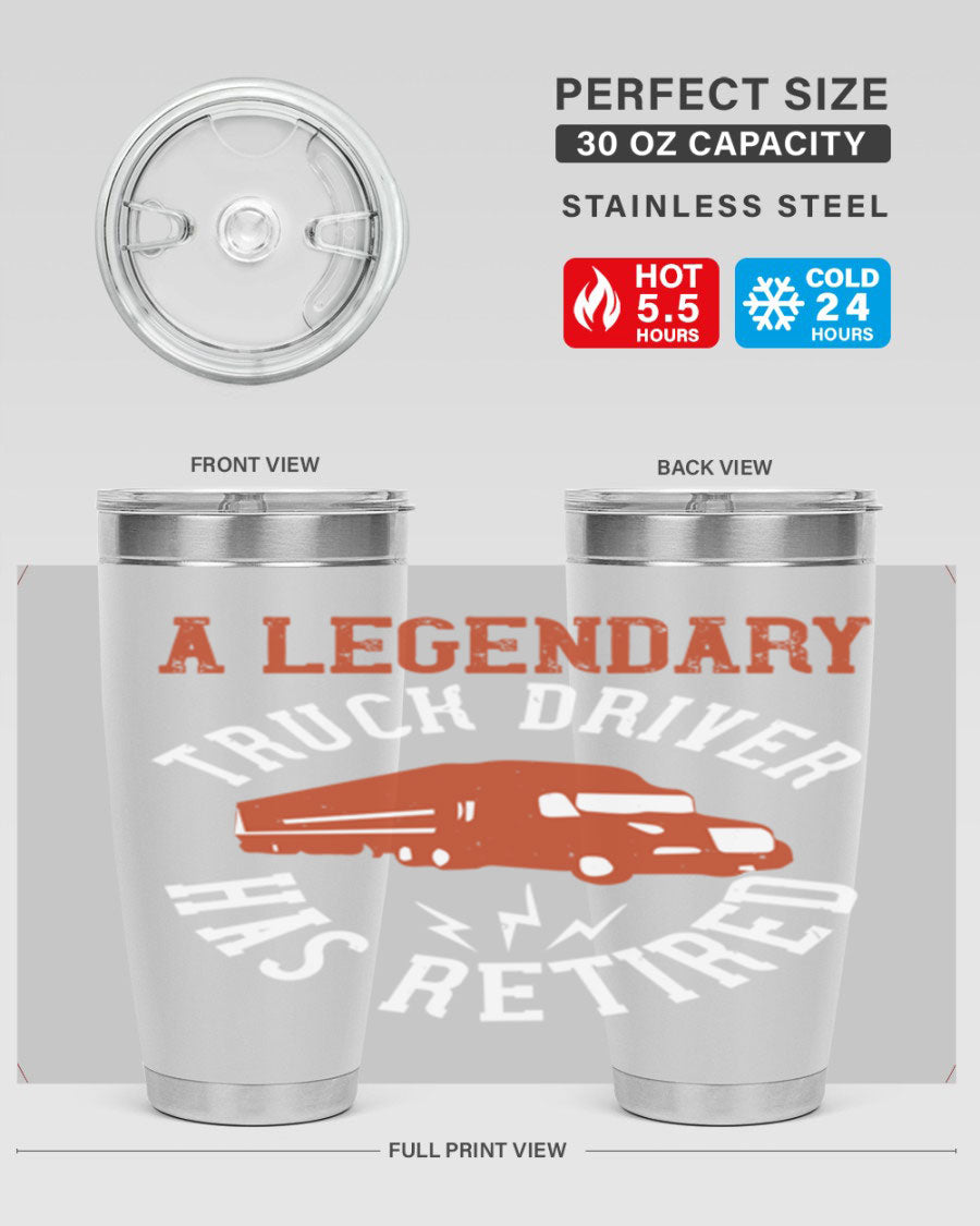 A stylish 20oz tumbler designed for retired truck drivers, featuring double wall vacuum insulation and a drink-thru lid.