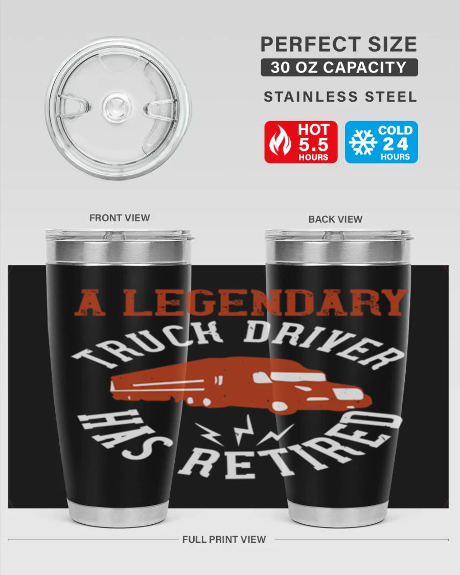 A stylish 20oz tumbler designed for retired truck drivers, featuring double wall vacuum insulation and a drink-thru lid.
