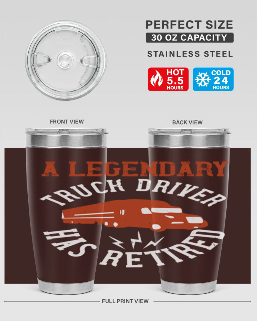 A stylish 20oz tumbler designed for retired truck drivers, featuring double wall vacuum insulation and a drink-thru lid.