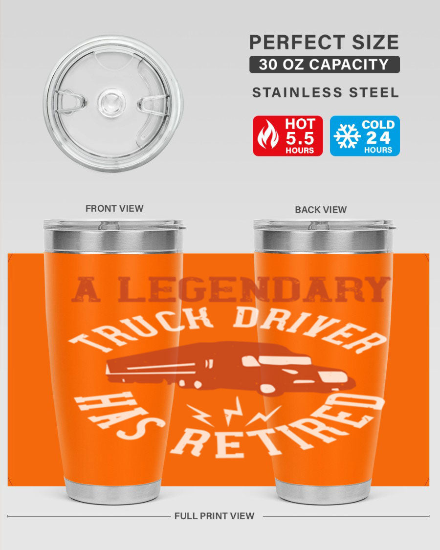 A stylish 20oz tumbler designed for retired truck drivers, featuring double wall vacuum insulation and a drink-thru lid.